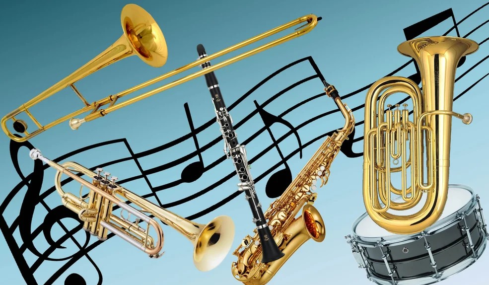 band instruments floating over music notes